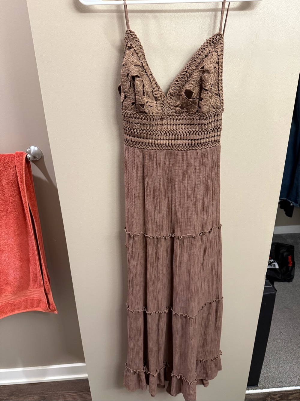 Love Tree Crochet Bodice Spaghetti Strap Maxi Dress in Brown